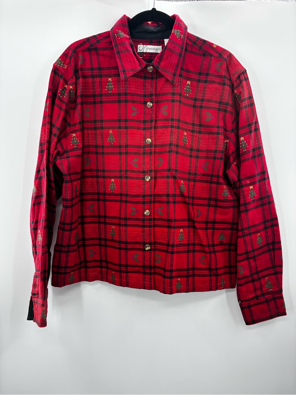 Dressbarn Red Plaid Christmas Button-Front Woman’s Button down Shirt Jacket